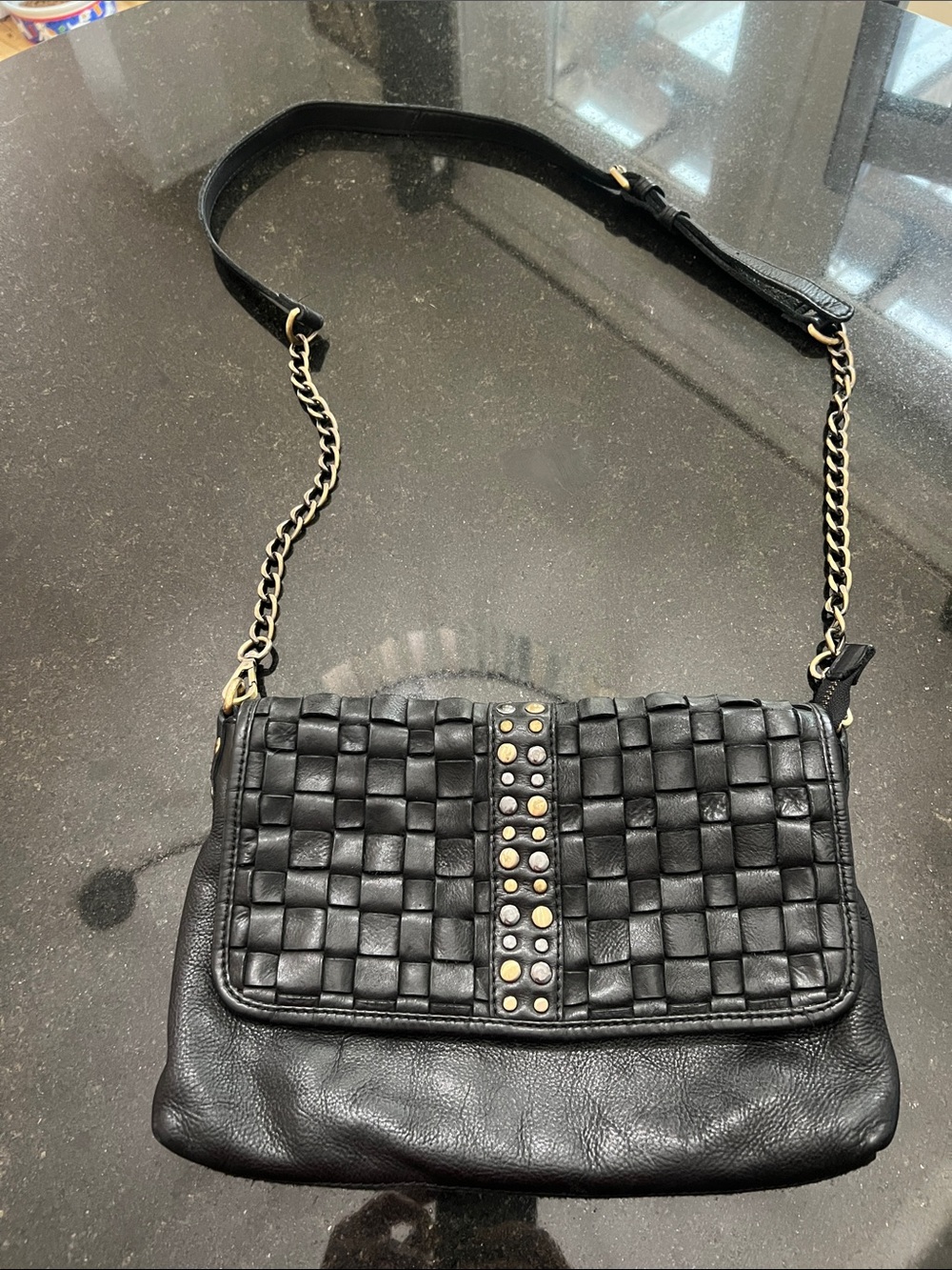 Black Woven Leather Crossbody with Stud-Trim Shoulder Strap
